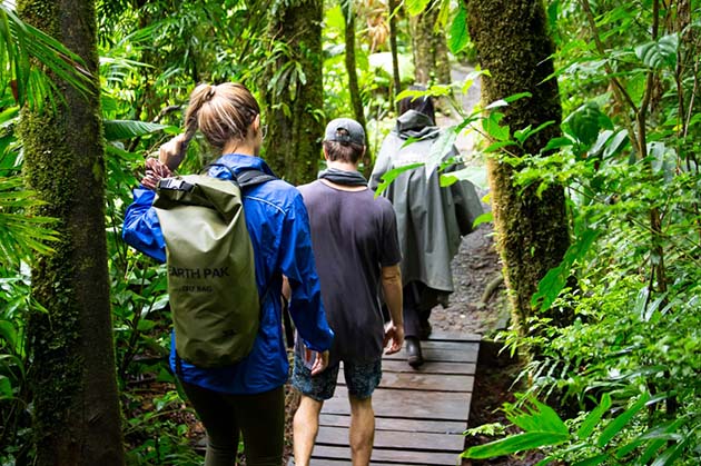 Three people stroll along a wooden path in the lush, green forest of Rincon de la Vieja. One person carries a backpack.